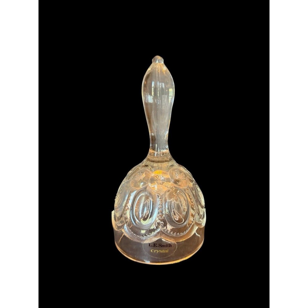 Vtg L.E. Smith Moon and Stars Crystal Clear Glass Bell With Original Sticker